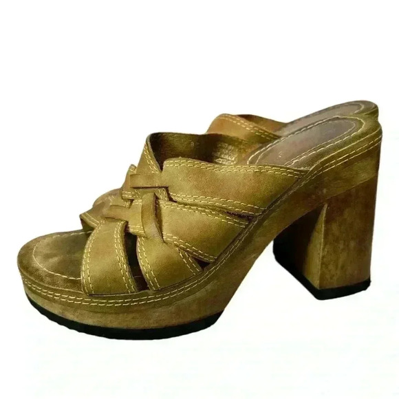 Vintage Candies Platform Sandals Sz 8.5 Brown Leather & Wood Heel Y2k Boho 90s - Picture 3 of 8